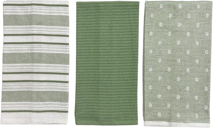 Sage Green Striped Kitchen Hand Dish Towels, Set of 3, 100% Cotton, 16x26 | Striped Solid Polka Dot Design, Soft Absorbent Cleaning Drying Cloth, Multipurpose for Everyday Use