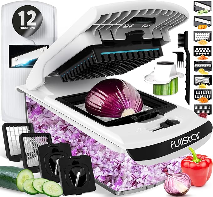 Fullstar Pro Original Vegetable Chopper & Mandoline Slicer Kitchen Gadget | 12 in 1 Veggie Slicer, Onion & Fruit Cutter with Sharp Stainless Steel Blades & Container, All-in-One Meal Prep Tool (White)