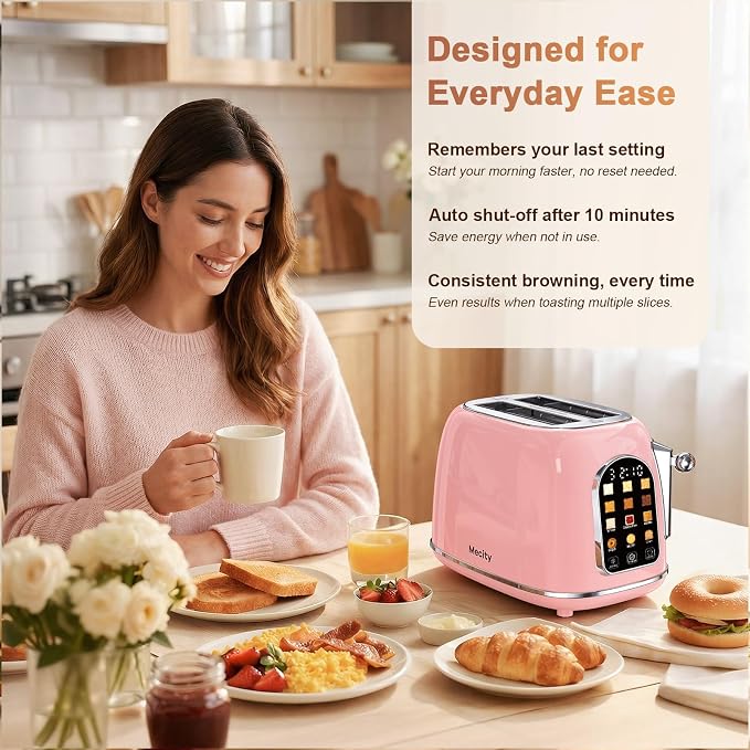 Mecity Toaster 2 Slice, Touch Screen Wide Slot Retro Toaster For Breads Bagel Muffin Waffle, House Warming Gift New Home, 120V 825W, Pink Color