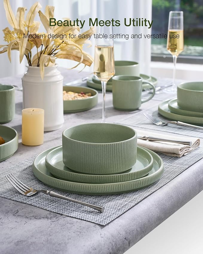 Famiware Star Stoneware Dinnerware Set, Reactive Glaze Plates & Bowls for 4 | 12 pcs Handmade Ribbed Dishes, Chip & Scratch Resistant Ceramic. Microwave & Dishwasher Safe, Rustic Modern, Matte Sage Green