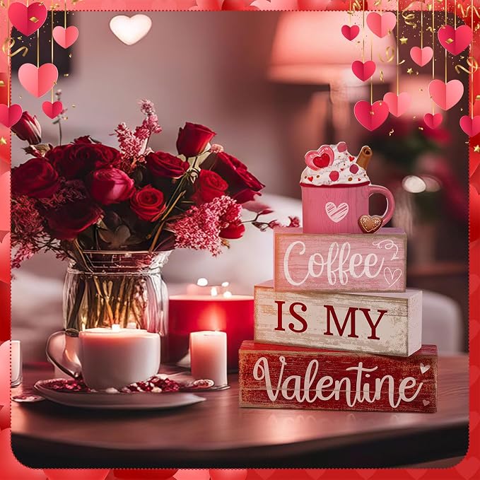 Lineshading 4 Pcs Valentine Coffee Wood Block Signs, Tiered Tray Decor | Rustic Farmhouse Stackable Blocks, Distressed Wood Finish, 3D Mug Topper, Kitchen Coffee Bar Tabletop Centerpiece