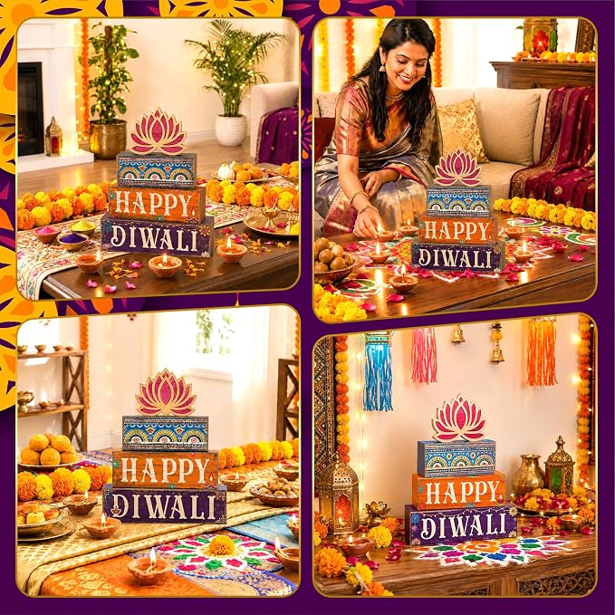 Lineshading 5 Pcs Diwali Wooden Block Signs Farmhouse Tiered Tray Decor | Happy Diwali Tabletop Decor with Lotus, Rustic Stackable Wood Blocks, Festival Decorations for Shelves Mantels Desks
