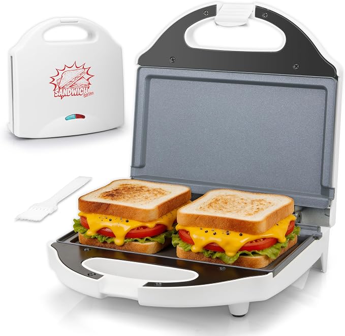 AshGlen Ceramic Mini Panini Press, Breakfast Sandwich Maker Press, Sandwich Press, 2-Slice Grilled Cheese Maker, Sandwichera Electrica, Panini Maker, Sandwich Toaster, PFAS-Free Ceramic Coating, White