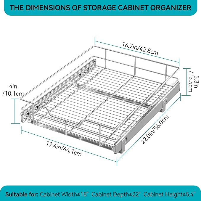 Pull Out Cabinet Organizer 18" W X 22" D, Chromed, Full Slide Out Drawers | For Kitchen Organizers and Storage, Pull Out Drawers For Cabinets Capacity Heavy Duty Caddy, Cabinet Shelves, Bathroom Pantry