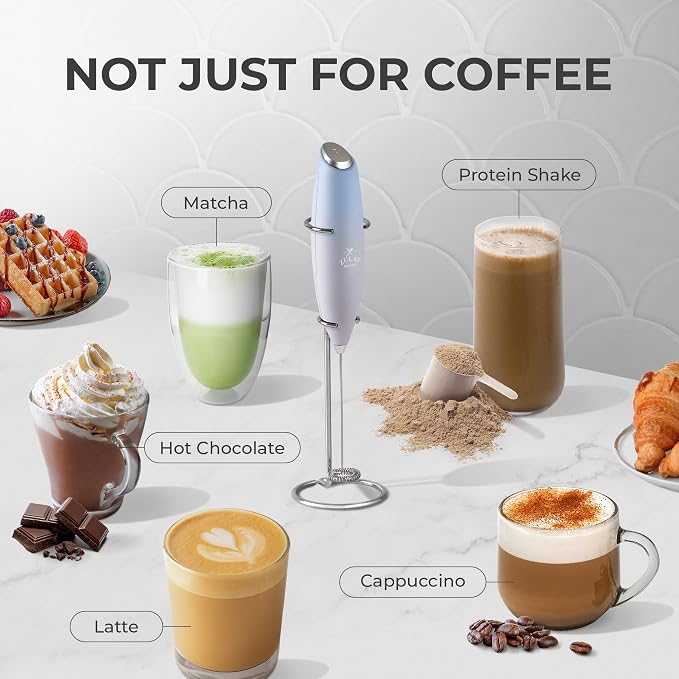 Zulay Kitchen Powerful Milk Frother Wand With Duracell Batteries - Ultra Fast Handheld Drink Mixer - Electric Whisk Foam Maker for Coffee, Lattes, Cappuccino & Matcha - Z1 Motor - Cloud
