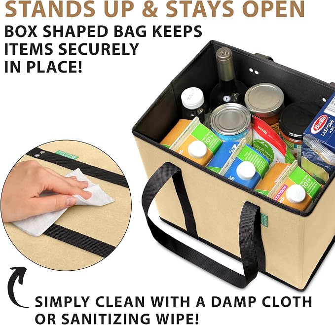 Reusable Grocery Bags (3 Pack) – Heavy Duty Reusable Shopping Bags for Groceries with Box Shape to Stand Up, Stay Open, Fold Flat – Large Tote-Bag is Foldable with Long Handles & Hard Bottom (Beige)