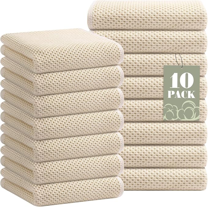Homaxy 100% Cotton Waffle Weave Kitchen Towels, 15-Pack, Beige | Ultra Soft Absorbent Dish Towels, Quick Drying Cleaning Towels, 13 x 28 Inches