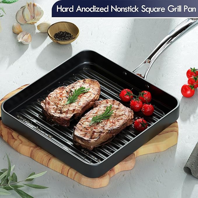 Cooks Standard 11-Inch Square Nonstick Grill Pan for Stovetop | Hard Anodized Grilling Pan for Indoor & Outdoor, Ribbed Surface, Stay-cool handle, Oven Safe, Black
