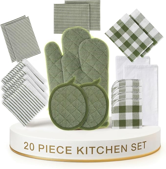 LANE LINEN Kitchen Towel and Pot Holder Sets 20 Pc - Eco Friendly Reusable Cotton Dish Towels, Soft Flour Sack Tea Towels, Absorbent Kitchen Hand Towels, Heat Resistant Oven Mitts for Cooking - Olive