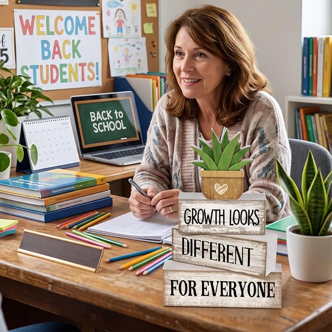 Lineshading 4 Pcs Growth Looks Different for Everyone Farmhouse Signs | Stacked Wood Blocks with Faux Succulent, Rustic White Inspirational Decor, Office Classroom Tiered Tray Teacher Gifts