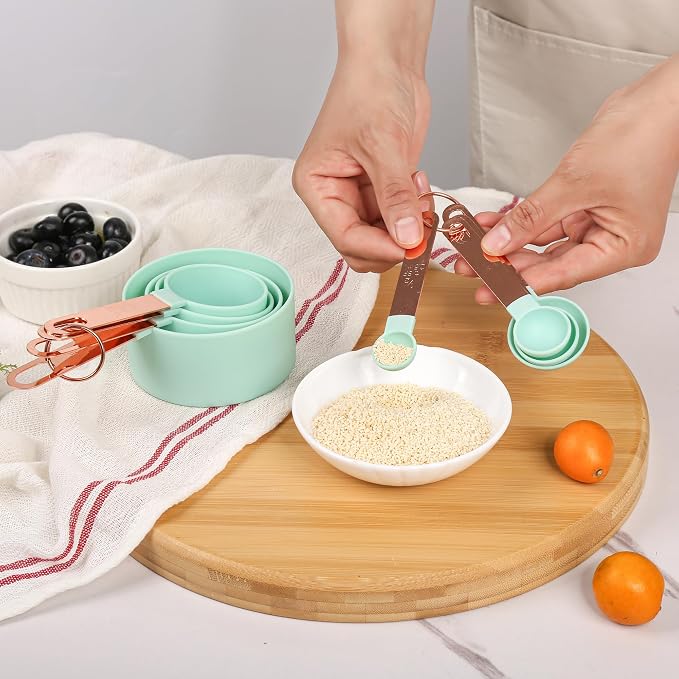 8-Piece Stackable Rose Gold Stainless Steel Handled Measuring Cups | and Spoons for Measuring Dry and Liquid Ingredients (Pink)