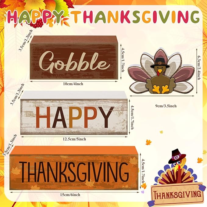 Lineshading 4 Pcs Wooden Thanksgiving Signs Tiered Tray Decor Turkey | Rustic Farmhouse Tabletop Decoration, Stacked Signs Design With Gobble Text, Fall Harvest Home Accents For Mantel Shelf