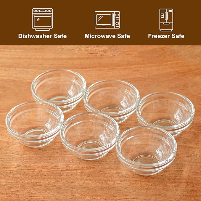 1.5 oz Clear Glass Bowl, Mini Prep Dish for Salt and Spices, Dishwasher and Microwave Safe, Stackable, Set of 6