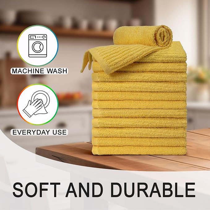 Textila Bar Mop Towels - 16x19 Inches - Pack of 12 - Lemon Yellow - Cotton Dish Cloths & Cleaning Towels for Kitchen, Bar, Restaurant, Household Use – Absorbent, Durable, Reusable