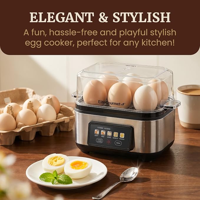 Elite Gourmet Digital Egg Cooker, 6-Egg, Steel Heating Plate & Housing | One-touch graphic display cooks soft, medium, or hard-boiled eggs plus poached eggs and omelets - auto shut-off feature