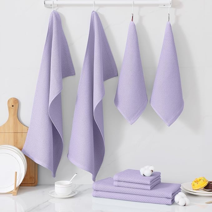 Homaxy 8 Pack 100% Cotton Kitchen Towels and Dishcloths Set, Lavender | 12 x 12 Inches and 13 x 28 Inches Kitchen Towels Set, Ultra Soft Absorbent Dish Cloths for Washing Dishes