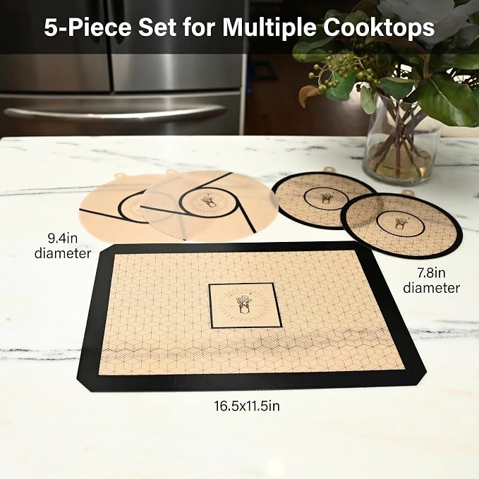 Induction Cooktop Mats - Silicone Stove Cover, Stove Protector, Set of 5 | Scratch Protector for Magnetic Stove, Non-Slip Pads for Pots and Pans, Induction Stove Mat for Spills and Scratches
