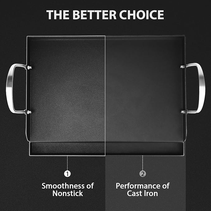 Utheer Cast Iron Griddle, Pre-Seasoned, Nonstick, 17 x 13 in Flat Top | For outdoor grilling, breakfast, camping and tailgating, with grease groove and high sidewalls for easier cleanup