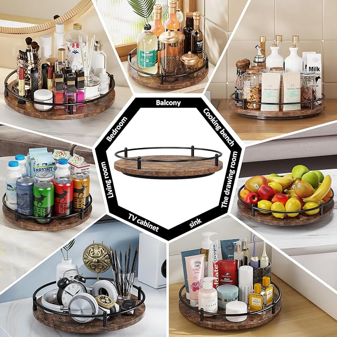 Lazy Susan Organizer：9 Inch Rotating Spice Rack for Kitchen Countertop Round Wooden Turntable Holder for Cabinet, Dining Table, Cupboard Storage – Black