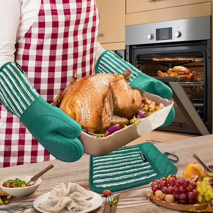 Alselo Silicone Oven Mitts Heat Resistant 932℉ with Waterproof & Non-Slip | Kitchen Mittens Set of 2,Extra Long 7.5"x15" Gloves with Soft Cotton Terry Lining for Baking Cooking BBQ (Emerald Green,2)