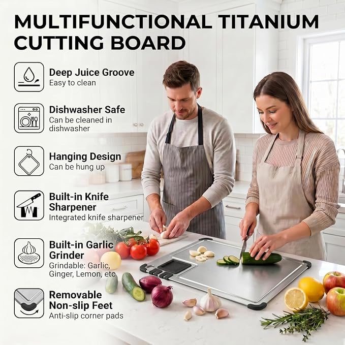 Titanium Cutting Board for Kitchen, 2026 New Food-Grade Board, with Sharpenersr, Garlic Grinding Area, Juice Groove, Non-Slip Corner Guards, Multifunctional Non Toxic Chopping Board, 14.2"x9.8"