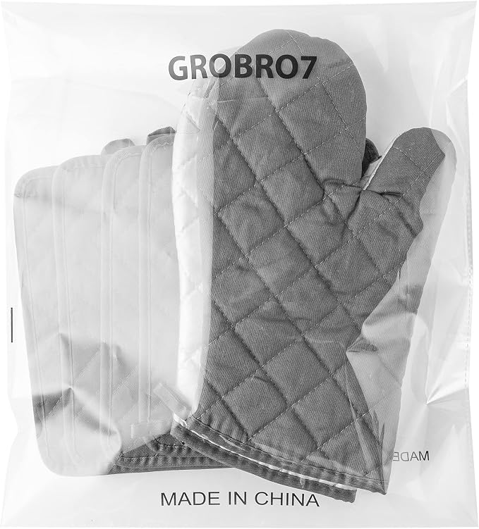 6Pcs Cotton Oven Mitts and Pot Holders Set Durable Hot Pads Machine Washable BBQ Gloves Heat Resistant Pocket Pot Holder with Hanging Loop for Safe Kitchen Baking Cooking Grilling Grey