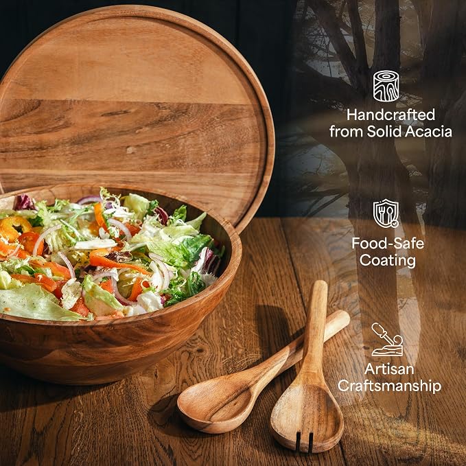 Large Wooden Salad Bowl Set 12.5 Inch with Serving Utensils, Tray Lid and Carry Strap. Acacia Wood Large Salad Bowls Ideal for Fruits and Dishes, Wooden Bowls for Food, Serving Bowl