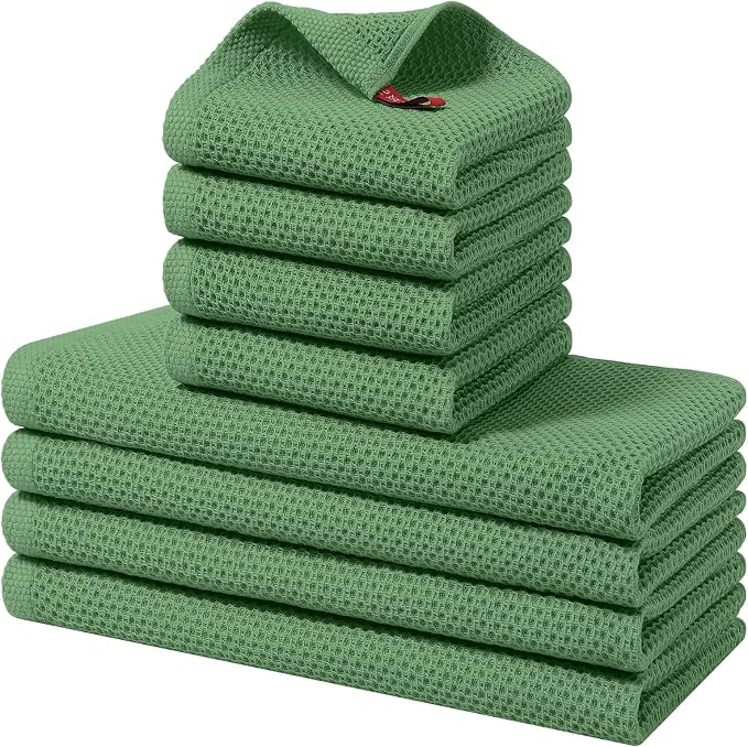 Homaxy 8 Pack 100% Cotton Kitchen Towels and Dishcloths Set, Grass Green | 12 x 12 Inches and 13 x 28 Inches Kitchen Towels Set, Ultra Soft Absorbent Dish Cloths for Washing Dishes