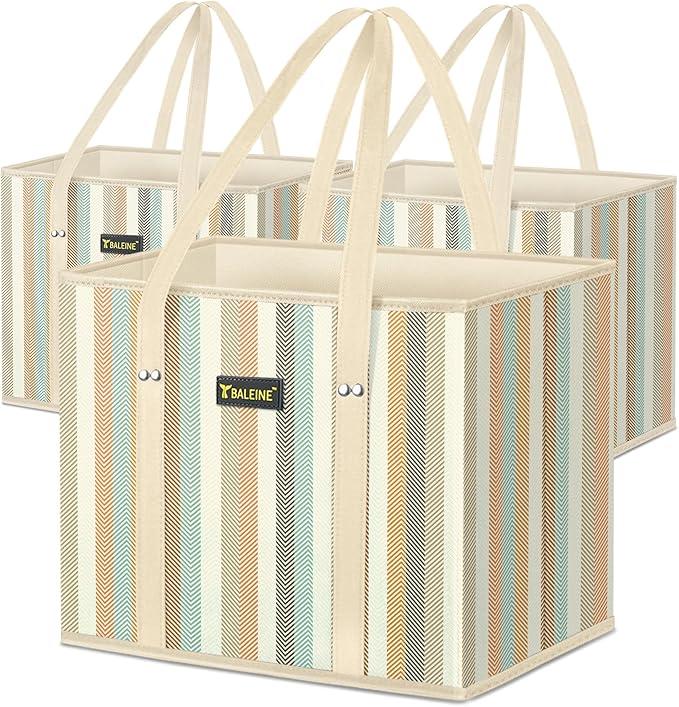 BALEINE 3PK Reusable Grocery Bags, Heavy Duty Shopping Tote Bag | 12'' Long Handles, Reinforced Bottom Keeps Upright, Fold Flat Storage, Water-Resistant Shopping Bag, Multiple Color Options