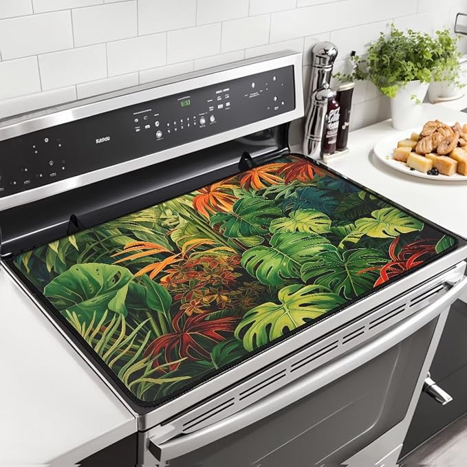 Tropical Leaf Top Cover for Electric Stove, 30 x 21 Inch Stove Top Protector, Wear Resistant Ceramic Glass Electric Stove Top Cover, Anti-Slip Insulation Pad for Glass Stove Top Protector