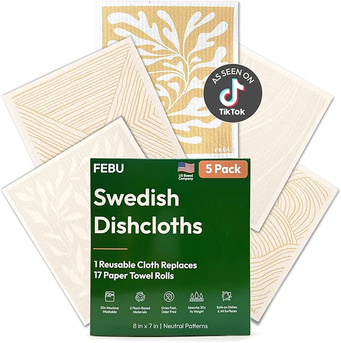 Swedish Dishcloths for Kitchen, 5 Pack, Neutrals | Reusable Paper Towels Washable, Non-Scratch Cellulose Sponge Cloths, No Odor, Biodegradable