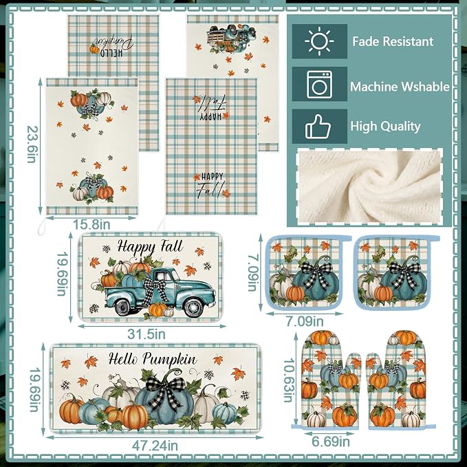 Fanfanwin 10 Pcs Fall Pumpkin Kitchen Decor Set Kitchen Towels Pot Holders Oven Mitts and Rugs Set Thanksgiving Towels for Baking Cooking BBQ Autumn Home(Light Blue,Classic Pumpkins)