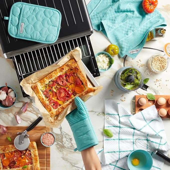 KITCHENAID Quilted Cotton Terry Cloth Oven Mitt, Pot Holder, Kitchen Towel 4-Pack Set, Heat Resistant, Silicone Grip, 16"x26", 7"x13" & 7"x10", Aqua Sky