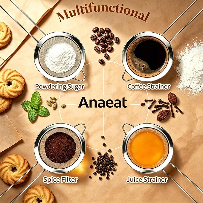 Anaeat Fine Mesh Strainers - Premium Stainless Steel Colander Sieve Sifters, with Durable Mesh and Sturdy Handle, Excellent for Sifting Dry ingredients, Flour, Pastas, Rice, Tea (3.94"）