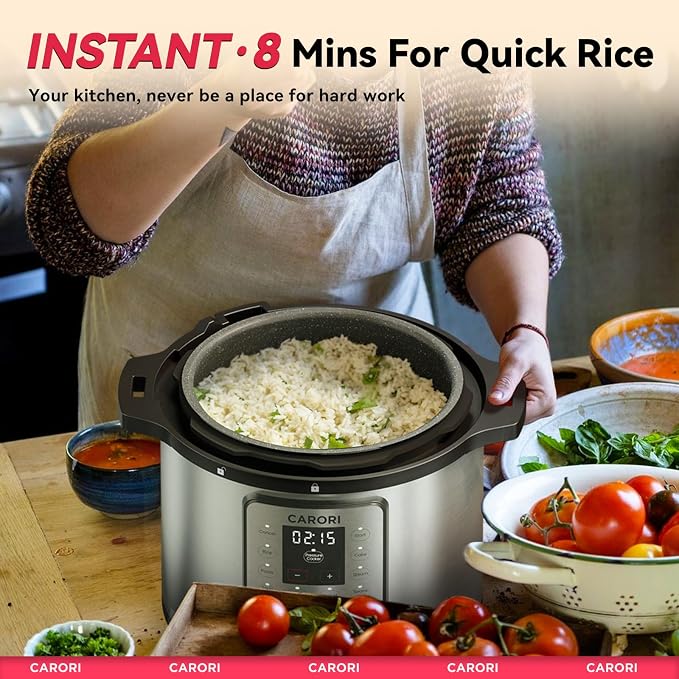 CARORI 1200W 12-in-1 Electric Pressure Cooker 8Qt, Stainless Steel Pressure Cooker, Slow Cook Rice Cooker Steamer Sauté, Yogurt Maker, Warmer & Sterilizer with Recipe, Safer Venting Design, Sliver