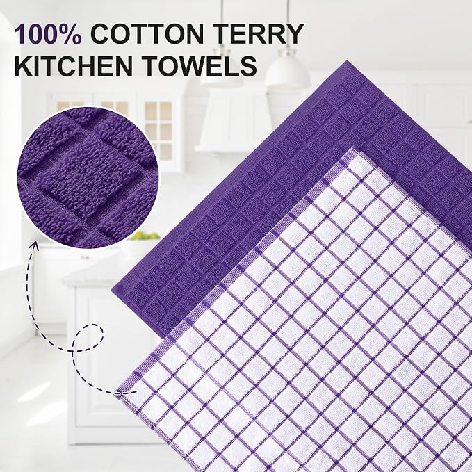 Homaxy Large Premium Cotton Kitchen Towels 16"x 28", 6 Pack, Purple | Natural Ring Spun 390 GSM Dish Towels, Super Absorbent Terry Kitchen Hand Towels, Soft Tea Towels with Hanging Loop