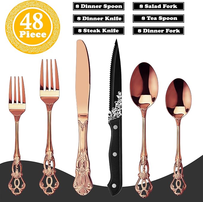 Runfly Gorgeous Retro Royal Rose Gold Stainless Steel 48-Piece Flatware Set | Silverware Set for 8, Anti-rust Cutlery Set Utensils Kitchen Including Fork Spoon and Knife