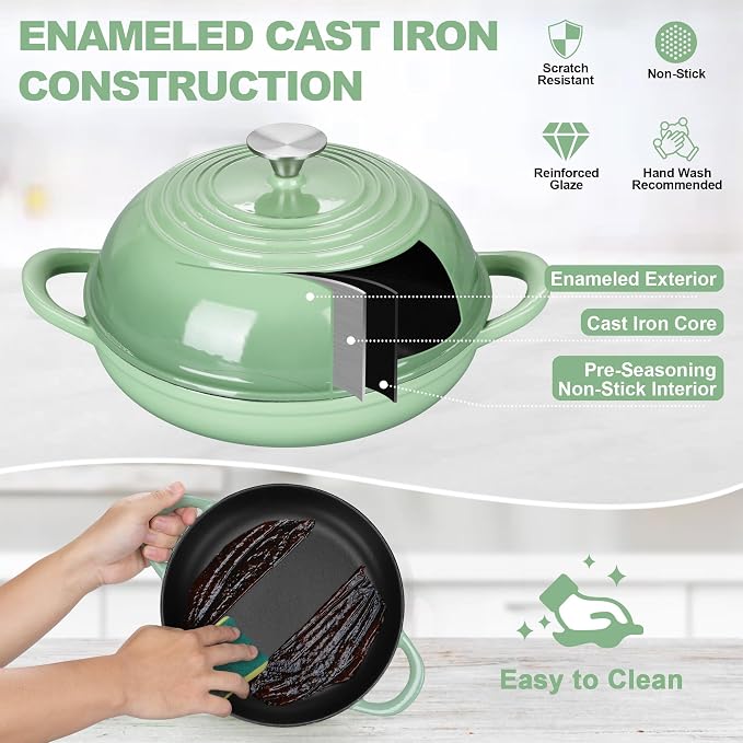 TeamFar Cast Iron Bread Dutch Oven, 6 Qt Enameled Dutch Oven Pot | for Bread Baking, with Tall Dome Lid & Round Base Pan, Self-Basting & Even-Heating, Heavy-Duty & Non-stick, Pistachio Green
