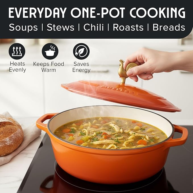 MUELLER HOME 5.5 Quart Enameled Cast Iron Oval Dutch Oven w Rooster Knob & Cotton Potholders, Heavy-Duty Cookware, Oven-Safe up to 500° F & Across All Cooktops, Gifts for Grandma & Women, Orange | Rooster Knob, Cotton Potholders Included, Heavy-Duty Co...