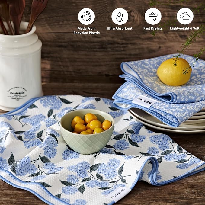 RECYCO Waffle Kitchen Towel Set of 2 - Quick Dry Microfiber Sustainable Dish Towels - Ultra Absorbent Reusable Cleaning Tea Towels - Lightweight Hand Towels,16”x 28”, Hydrangea Ball