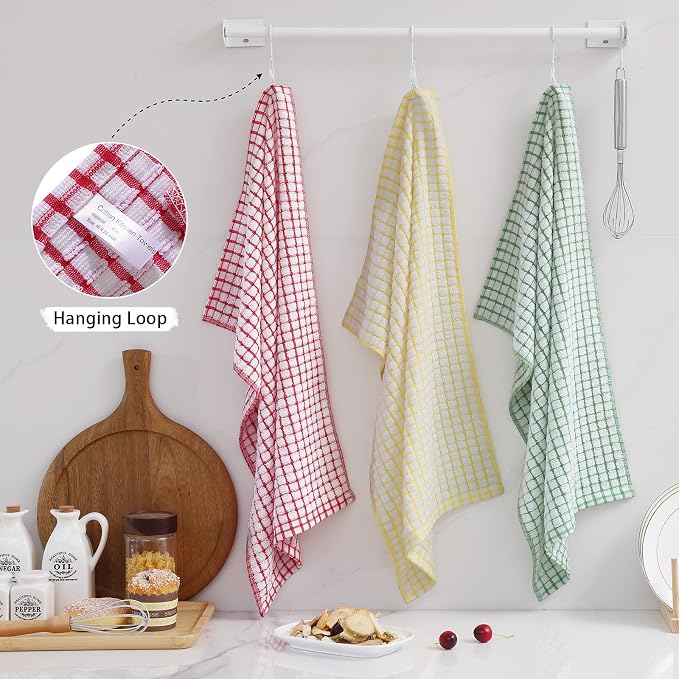 Mordimy Cotton 8 Pack Terry Kitchen Towels, 16 x 25 Inches | Super Soft and Absorbent Dish Towels, Quick Drying Hand Towels for Kitchen Drying, Blue/Yellow/Red/Green