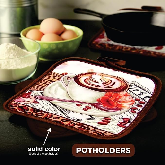 Café Latte 5 Piece Kitchen Towel Set | Kitchen Towel Set with 2 Decorative Dish Towels (25 X15), 1 Oven Mitt (11 X 7) and 2 Potholders (6.5 X 6.5)