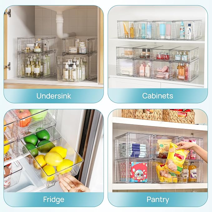 Vtopmart Clear Stackable Storage Drawers, 8 Pack Medium Set | Medium and Small Pull-Out PET Drawers for Consistent Organization, Stackable Storage Solution for Cabinets, Closets, Pantry