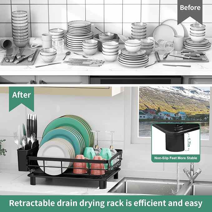 MOUKABAL Dish Drying Rack with Drainboard for Kitchen Counter, Black | 13×17 Large Capacity/Rustproof Stainless Steel/Fast Drainage Dish Drainer/Removable Utensil Holder/Kitchen Counter Organizer