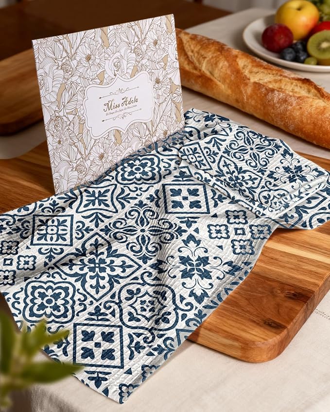 370GSM Cotton Waffle Kitchen Towels, Block Print | Pure Cotton, Sustainable, Waffle Weave, Terry Cloth, Highly Absorbent, Decorative, 16"x25", with Hanging Loop