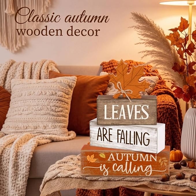 Lineshading 4 Pcs Autumn Block Signs, Farmhouse Tiered Tray Decor | Stacked Signs with Maple Leaf, Fall Tabletop Centerpiece, Mantle Shelf Display, Back to School Autumn Decoration
