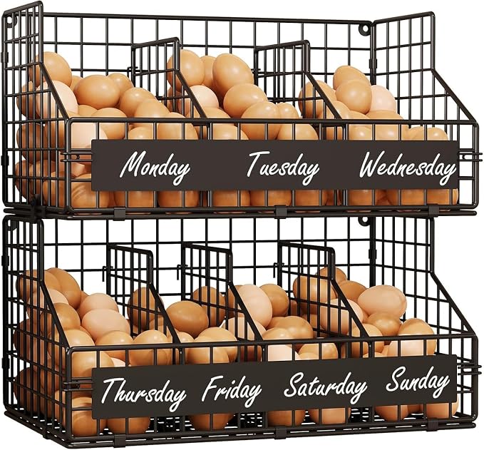 Egg Holder Countertop,Metal Egg Rack with Adjustable Dividers & DIY Labels | 2-Tier Stackable Wire Baskets, XXL Egg Basket for Gathering Fresh Eggs - Wall-Mounted Egg Storage, Chicken Coop Accessories