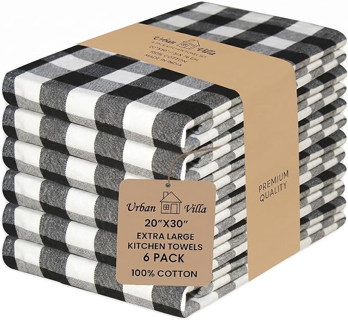 Urban Villa Kitchen Towels Cotton Dish Towels 20”x30” (Set of 6) Black Wht