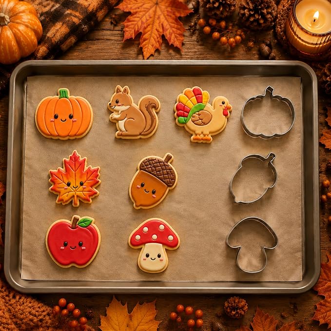 Fall Thanksgiving Cookie Cutters - 7PCS Stainless Steel Biscuit Molds | Fall Party Favors Decorations Kit Shaped in Pumpkin Acorn Turkey Fall Leaves | Fall Decor Food Baking Supplies for Kitchen