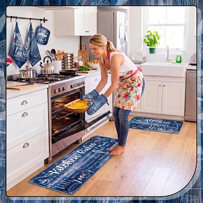 Fourluoo 10 Pcs Blue Kitchen Decor and Accessories Oven Mitts and Pot Holders Sets Farmhouse Dish Towels Blue and Gray Kitchen Rugs Mats for Home Baking Cooking Birthday Summer Decorations Women Gifts